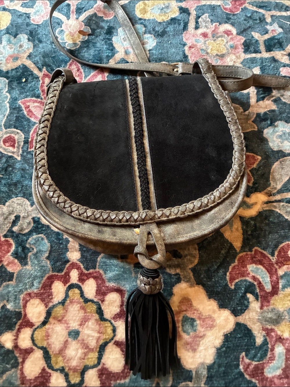 Steven By Steve Madden Black Suede and Faux Metallic Leather Crossbody